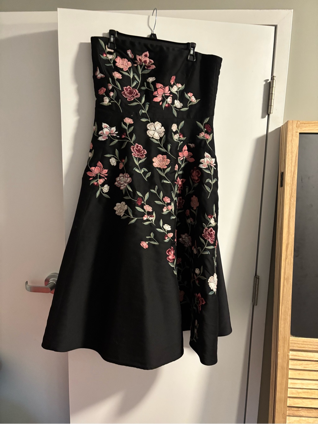 Strapless Black Dress With Pink & White Floral Embroidery